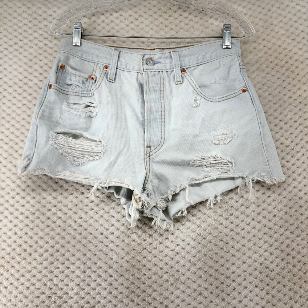 Levis 501 Original Denim Shorts Womens 28 Light Wash Distressed High Rise Button - Picture 2 of 10